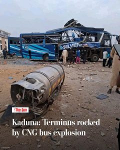 CNG bus explosion Kaduna at Lagos Garage Terminus with damaged vehicle and scattered debris