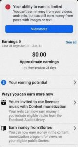Facebook monetization dashboard showing video earnings analytics