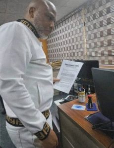 Nnamdi Kanu in court during terrorism trial in Nigeria