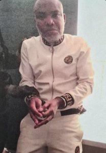 Nnamdi Kanu in court during terrorism trial in Nigeria