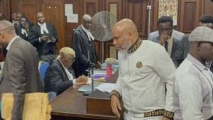 Nnamdi Kanu in court during terrorism trial in Nigeria