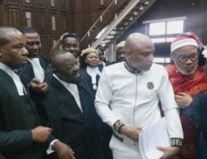 Nnamdi Kanu in court during terrorism trial in Nigeria