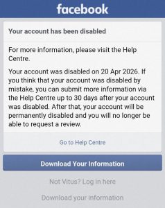 1. Screenshot of Facebook account restriction and recovery notification received 