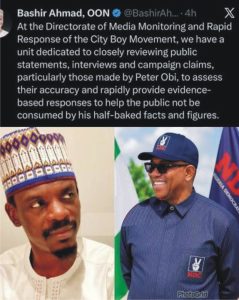 Bashir Ahmad announces City Boy Movement media monitoring and rapid response activities focused on Peter Obi