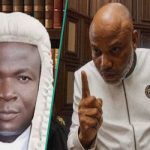 Nnamdi Kanu in court during terrorism trial in Nigeria