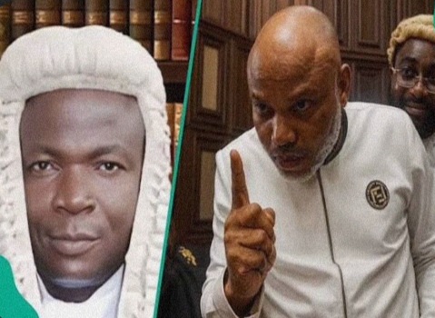 Nnamdi Kanu in court during terrorism trial in Nigeria
